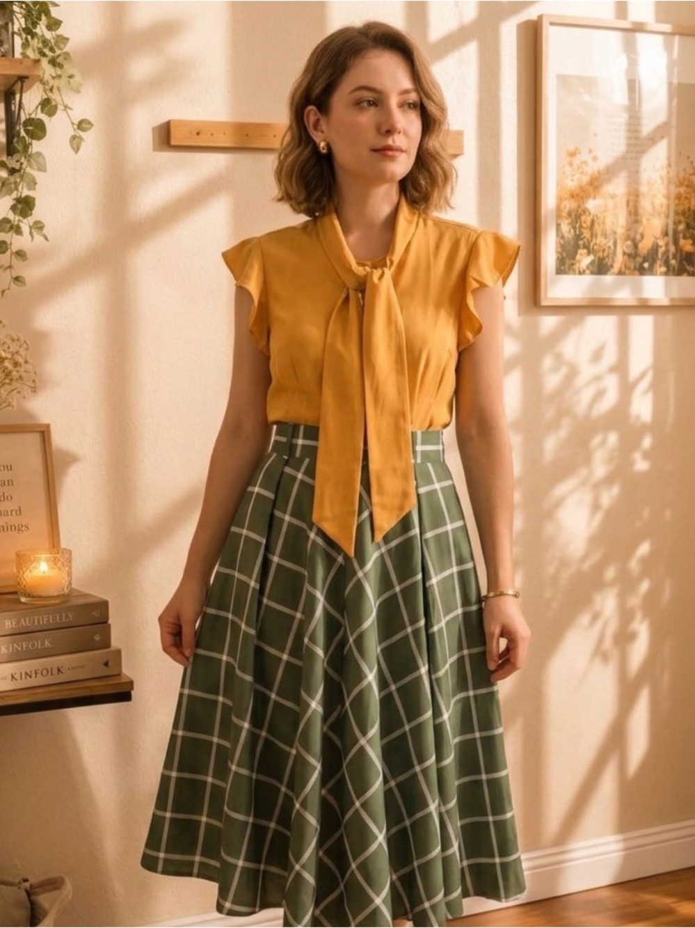 Green Windowpane Midi Skirt - Classic A-Line and Yellow Button Down Top